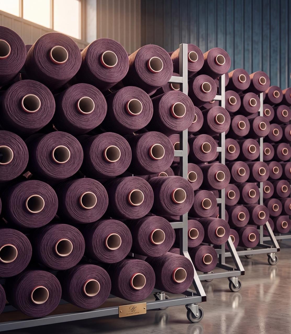 Racks of coloured PP yarn cones at the Euro Yarns plant