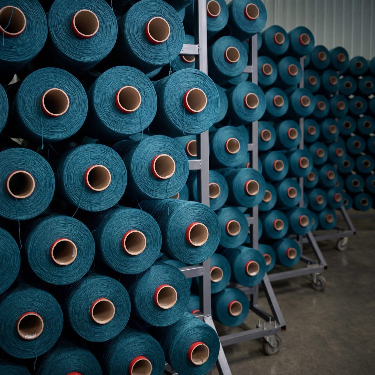 Petrol-blue polypropylene yarn cones on racks at Euro Yarns