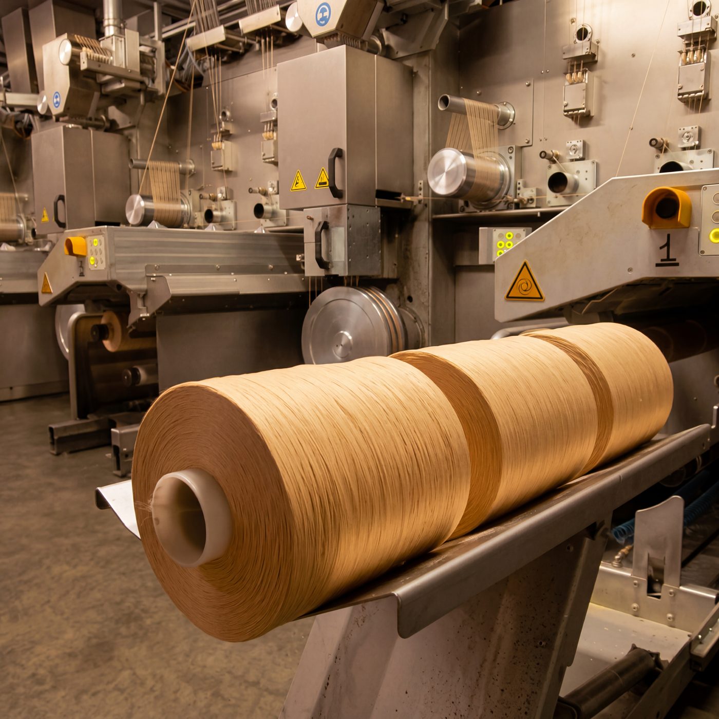 Freshly extruded PP yarn bobbin in front of the Oerlikon Neumag BCF line